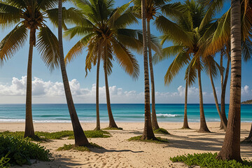 Serene Coconut Tree Beach Landscape Towering Palms and Golden Sand Beside a Turquoise Ocean in a Tropical Outdoor Setting