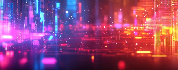 Fototapeta premium Abstract Digital Cityscape with Neon Lights and Glowing Lines