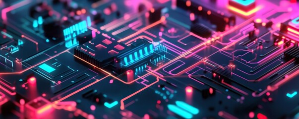 Obraz premium Abstract Circuit Board with Neon Lights
