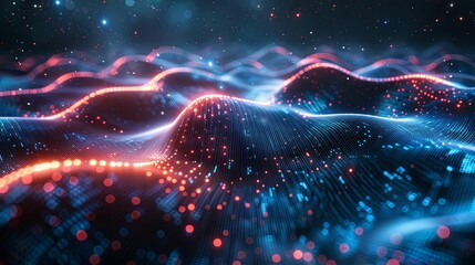 Obraz premium Abstract Digital Landscape with Glowing Red and Blue Lights