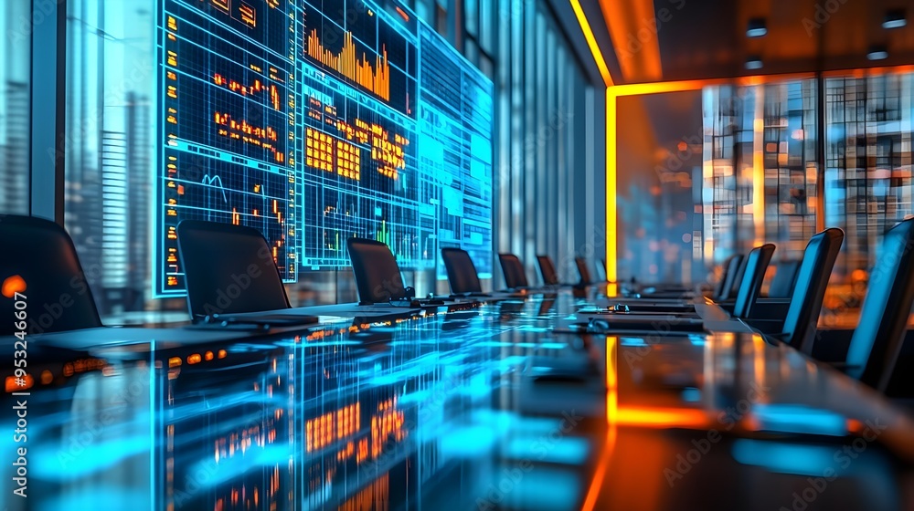 Poster modern conference room with data analytics display