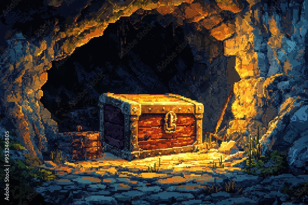 Poster retro pixelated treasure chest in dark 16-bit dungeon - pixel adventure game theme with hidden pixel