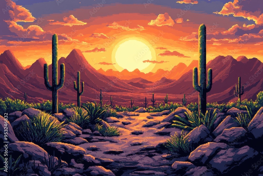 Poster retro 8-bit desert journey with pixelated cacti and setting sun - nostalgic adventure in simplistic 