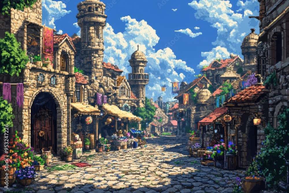 Poster retro fantasy market: vibrant 16-bit pixel art of a bustling bazaar in a retro trading game setting