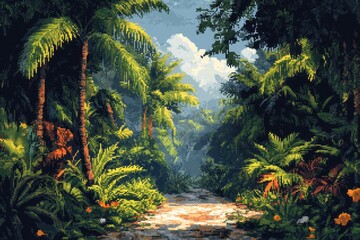 Retro Pixel Adventure: 8-Bit Jungle Exploration with Wildlife and Hidden Treasures