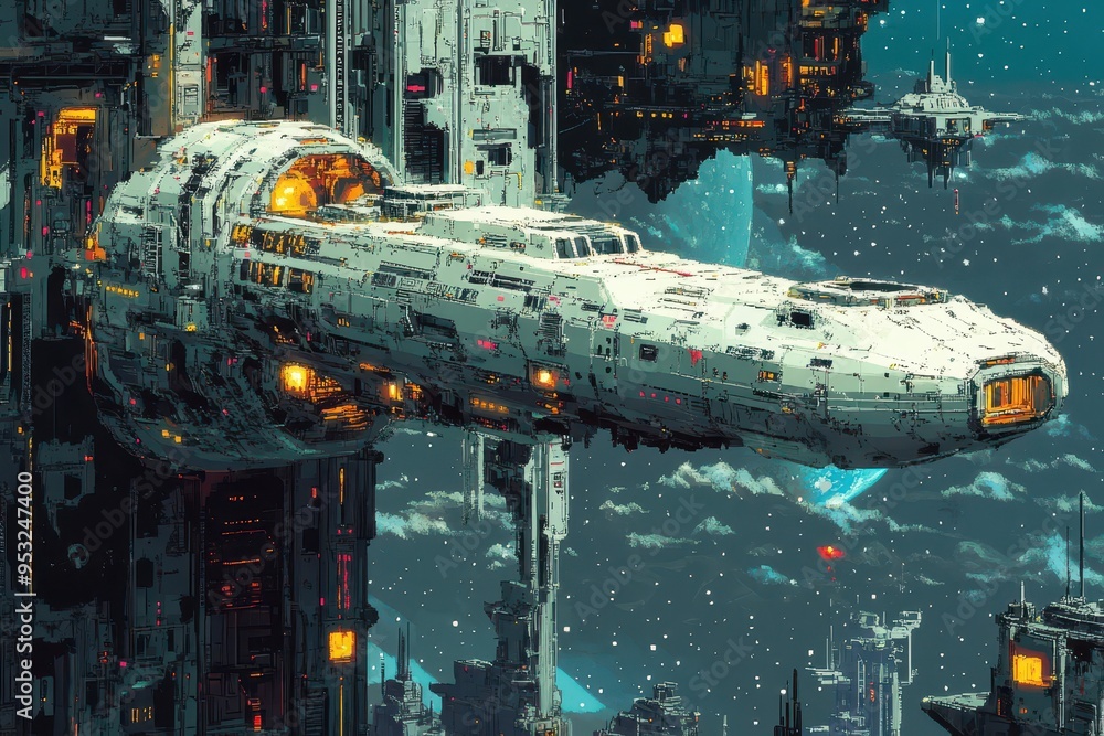Aufkleber retro 16-bit pixel art spaceship docking at space station in a sci-fi pixel exploration adventure