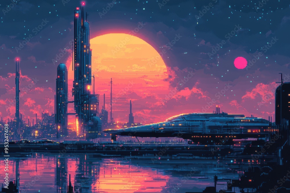 Aufkleber retro pixel art spaceship docking at space station - sci-fi adventure in 16-bit style