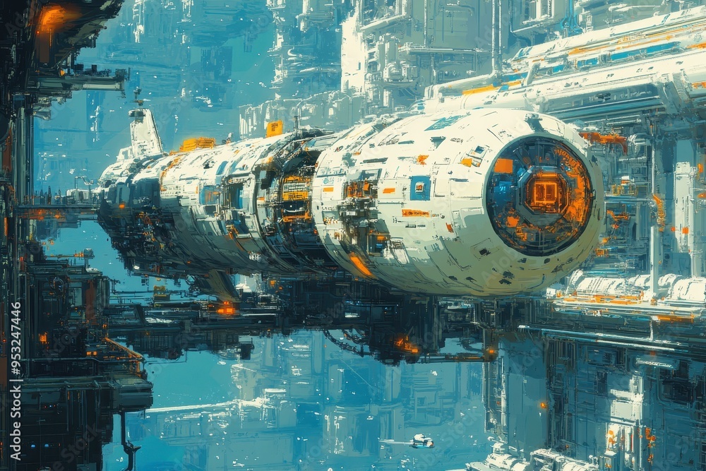 Aufkleber retro sci-fi adventure: 16-bit pixel art spaceship docking at space station for pixel exploration fu