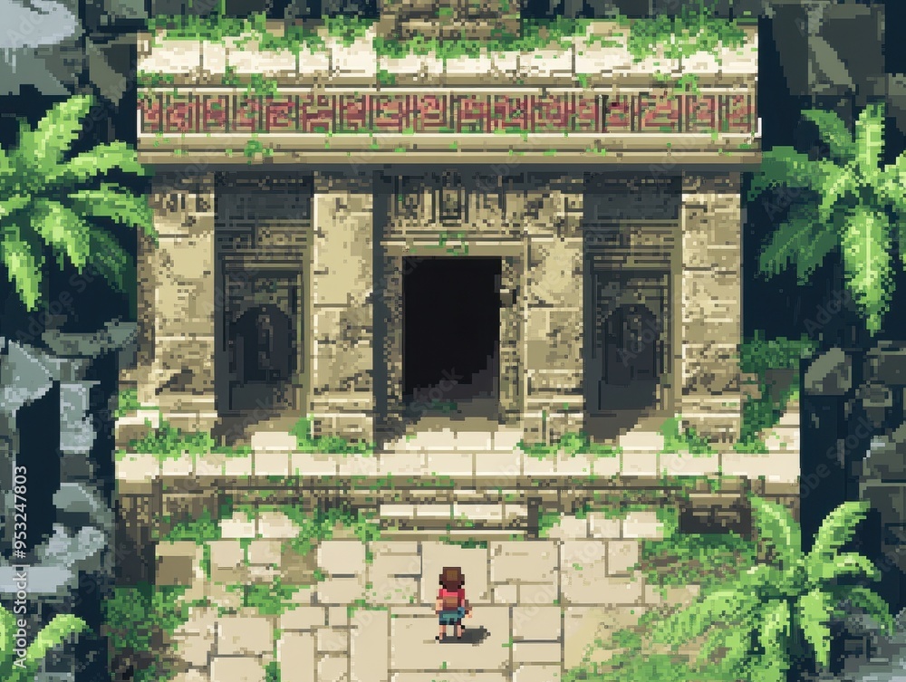 Aufkleber retro pixelated character embarking on a nostalgic adventure through a 16-bit ancient temple in clas