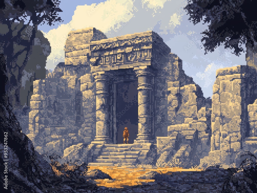 Poster retro pixelated character embarks on nostalgic adventure through 16-bit ancient temple in classic ex