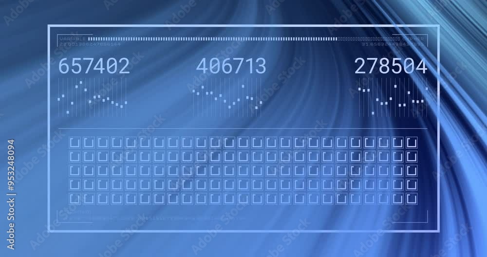Poster data processing animation over blue abstract background with numbers and charts