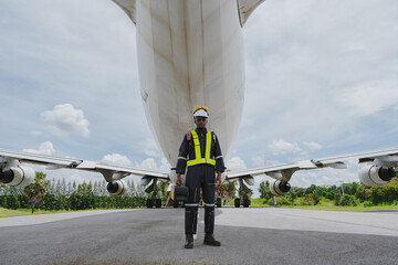 Mechanics inspect the engines of a large plane before takeoff at a summer airport.
