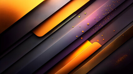 Abstract geometric background with gold, purple, and black diagonal stripes.