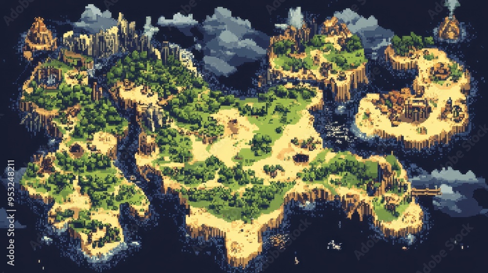 Poster retro 8-bit pixel art fantasy world map with nostalgic adventure icons