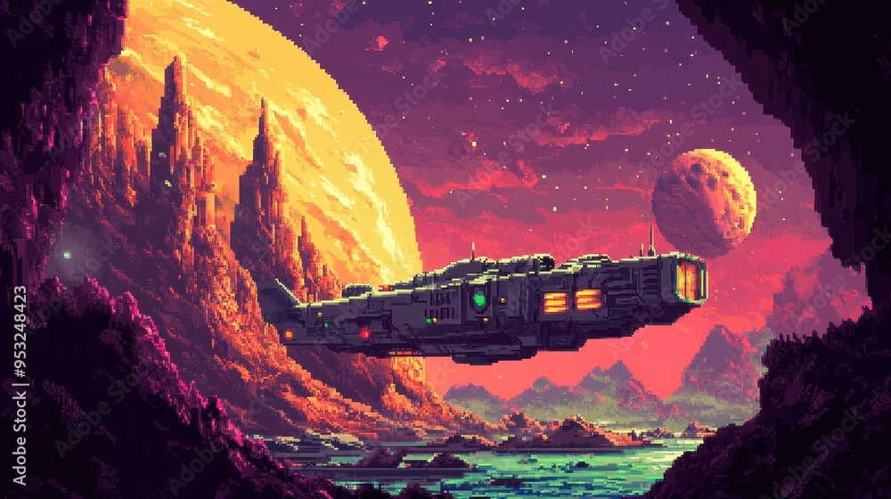 Poster retro pixelated spaceship docking on 16-bit alien planet - nostalgic sci-fi exploration and cosmic j