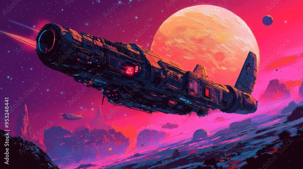 Poster retro sci-fi spacecraft docking on pixelated 16-bit alien planet - nostalgic cosmic journey and expl