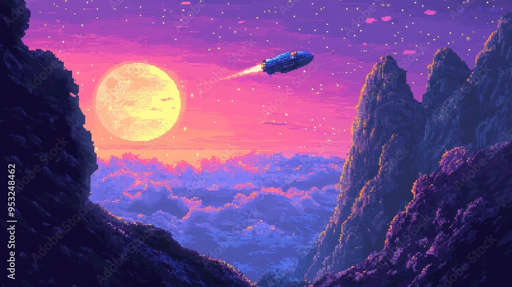 Poster retro sci-fi exploration: pixelated spaceship docking in 16-bit alien planet for a nostalgic cosmic 