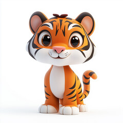 Charming 3D Cartoon Tiger, Exuding Playfulness and Joy, Ideal for Children's Illustrations, Toy Design, or Any Lighthearted Creative Project. A Fun-Filled Companion with Vibrant Colors and Expressive 