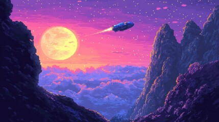 Fototapeta premium Retro Sci-Fi Exploration: Pixelated Spaceship Docking in 16-Bit Alien Planet for a Nostalgic Cosmic Journey