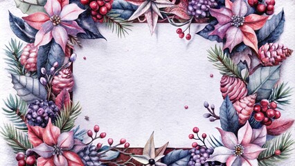 Fototapeta premium Christmas watercolor frame in vintage style with oranges, pine cones,flowers and berries.New Year holiday card with colorful ribbons with blank space for text.