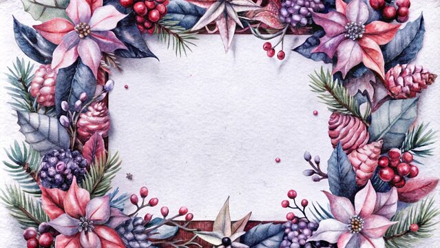 Christmas watercolor frame in vintage style with oranges, pine cones,flowers and berries.New Year holiday card with colorful ribbons with blank space for text.