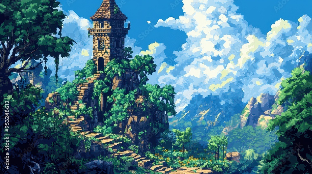 Poster enchanting 8-bit pixel art of a wizard's tower in a pixelated forest - retro fantasy game scene