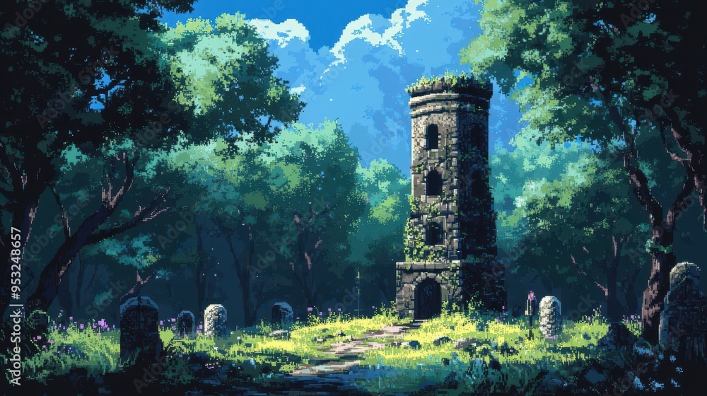 Poster enchanted wizard's tower in pixelated forest - retro 8-bit fantasy adventure game scene
