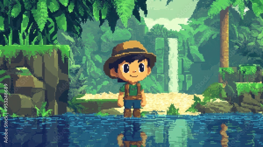 Poster retro pixelated character on a 16-bit jungle safari adventure in a classic exploration game