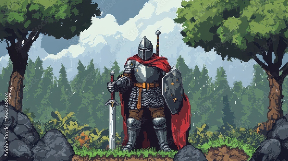 Poster retro pixelated knight on a 16-bit quest through pixelated forest - nostalgic rpg adventure