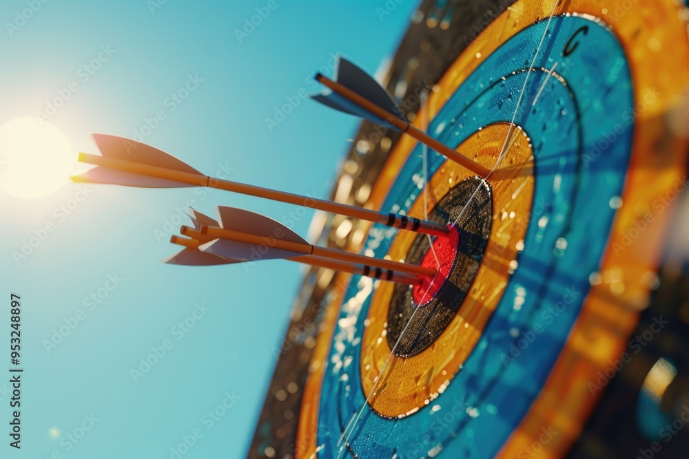 Poster a detailed shot of a target with three arrows, useful for various contexts where accuracy is importa