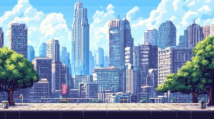 Fototapeta premium Retro Cyberpunk Cityscape in 8-Bit Pixel Art - Nostalgic Urban Exploration of Futuristic Metropolis