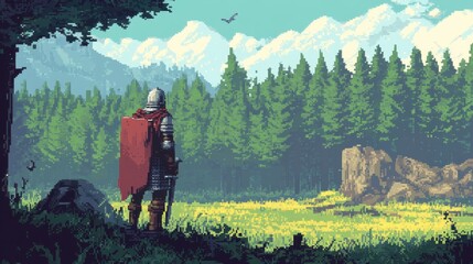 Retro Pixelated Knight Embarks on Classic RPG Adventure in 16-Bit Forest - Nostalgic Pixel Journey