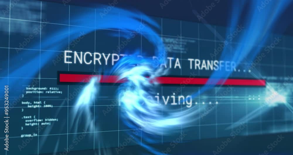 Aufkleber encrypted data transfer text animation over digital code and blue swirling graphics