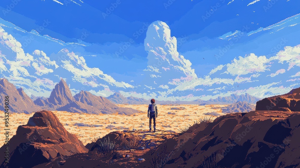 Poster pixelated explorer in a 16-bit desert - retro adventure game scene with nostalgic pixelated explorat