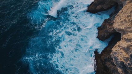 Obraz premium Aerial view of waves crashing against rocky cliffs