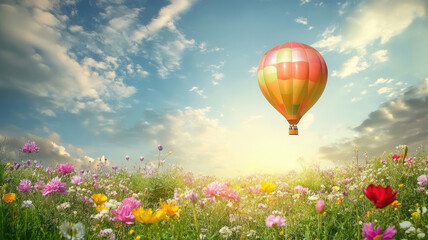 Fototapeta premium there is a balloon flying over a field of flowers with a sky background, detailed hyper realistic image