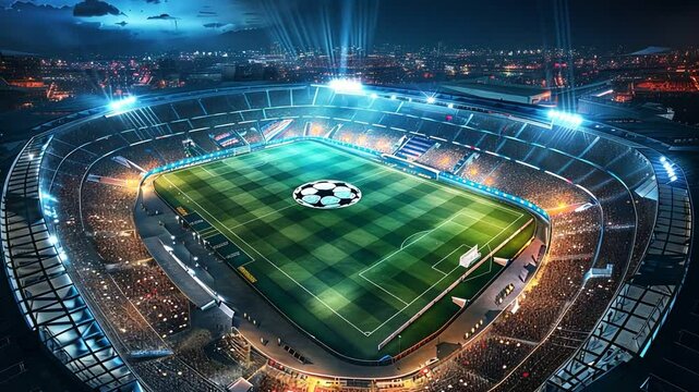 An aerial view of a lit up stadium at night, ready for a game. The stadium is glowing with lights.