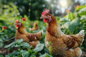 Fototapeta premium A group of chickens standing on a lush green field