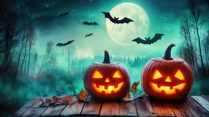 Naklejka premium two glowing jack-o-lanterns on wooden surface with eerie forest, full moon, and bats flying in background on halloween night, highly detailed image
