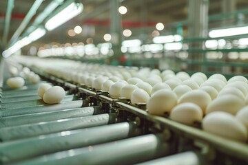 Fototapeta premium A conveyor belt loaded with many white eggs, great for food or packaging themes