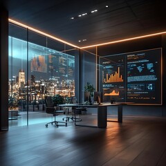 Modern Office Interior with Night City View and Data Screens
