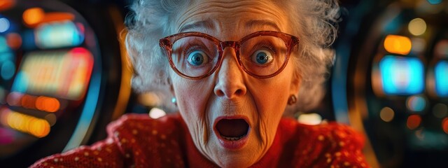 Jackpot surprise: elderly woman shocked, slot machine, win at casino, unexpected joy and excitement hits the jackpot, the thrill and unpredictability of gambling