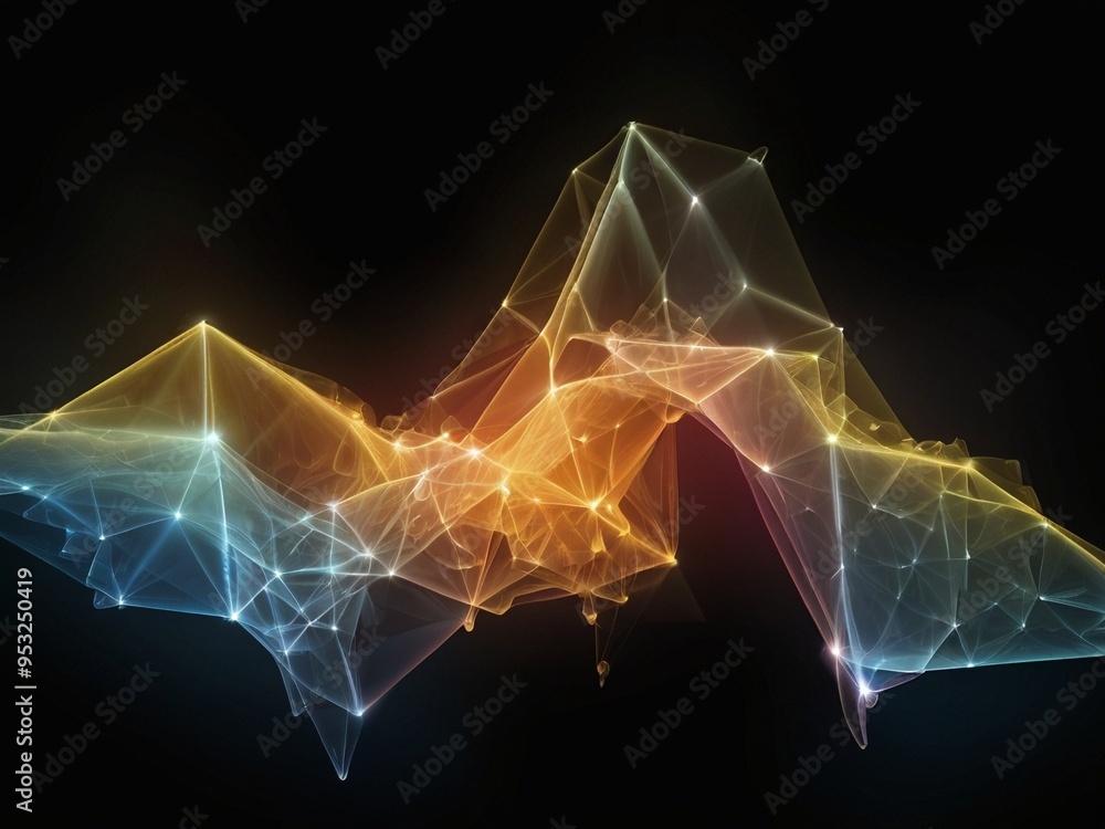 Poster abstract network forming wave of colorful connected dots on black background