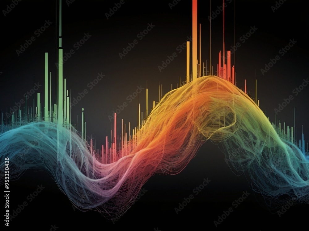 Poster abstract colorful wave pattern flowing over data visualisation bars