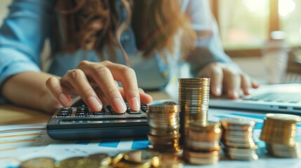 Fototapeta premium Woman's Hand Using Calculator With Stacks Of Coins.
