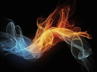Abstract blue and orange smoke forming dynamic shapes on black background