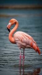 A flamingo is standing in the water with its head tilted to the side