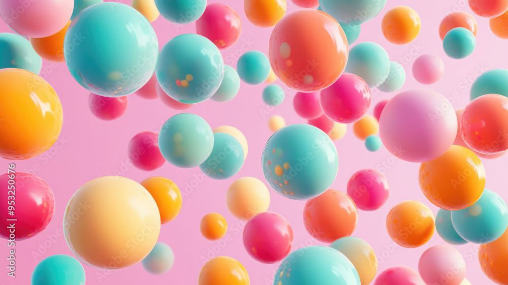 Sticker 3d rendering of colorful balls floating in a pastel-colored background. ai, detailed and realistic i