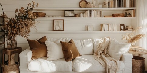 Cozy Living Room with White Sofa and Natural Decor.