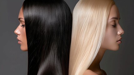 Fototapeta premium Two women with long hair, one black and one blonde